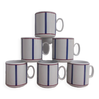 Set of 6 Basque mugs in blue and red porcelain