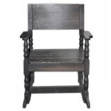 Rocking-chair vintage en bois massif marron, années 1950, dossier plat et pieds tournés