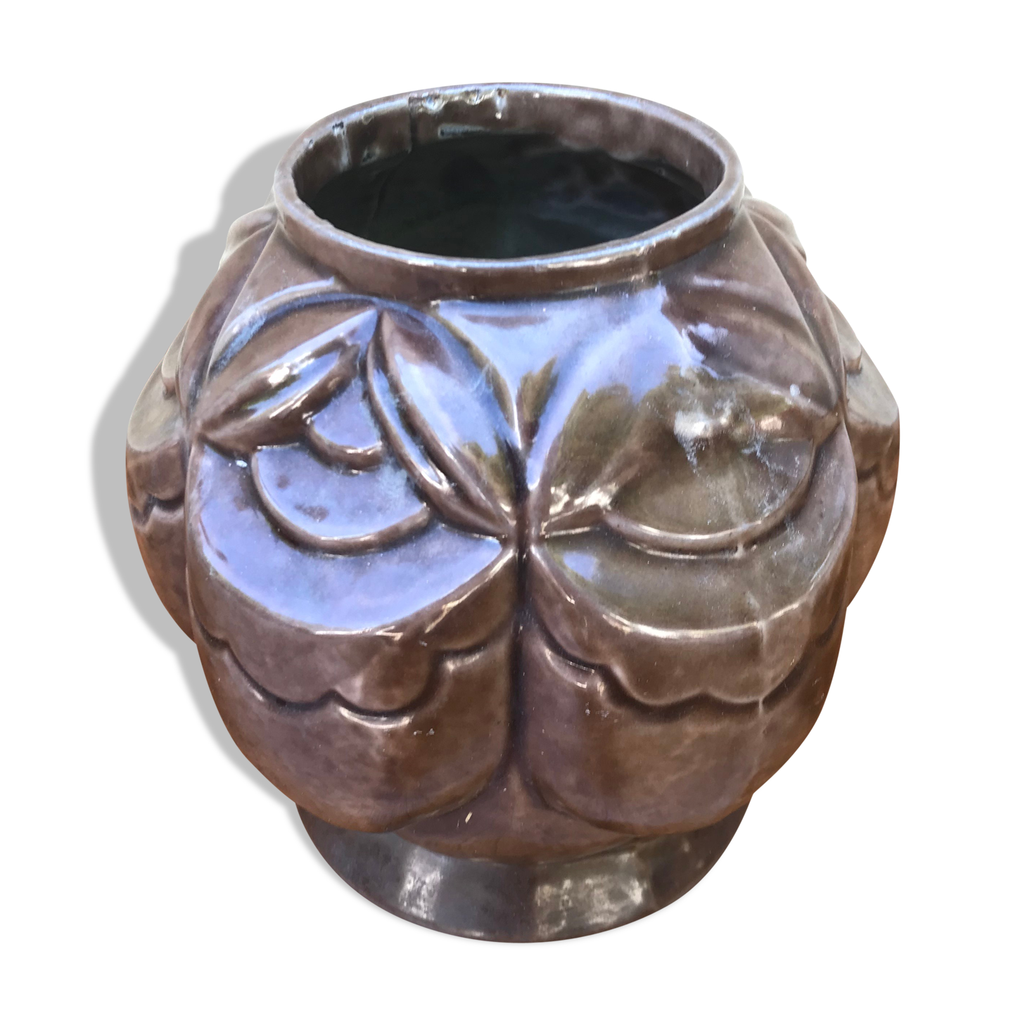 Old pot art deco plants fonte enamel brown