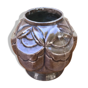 Pot art déco plantes fonte émaillé marron