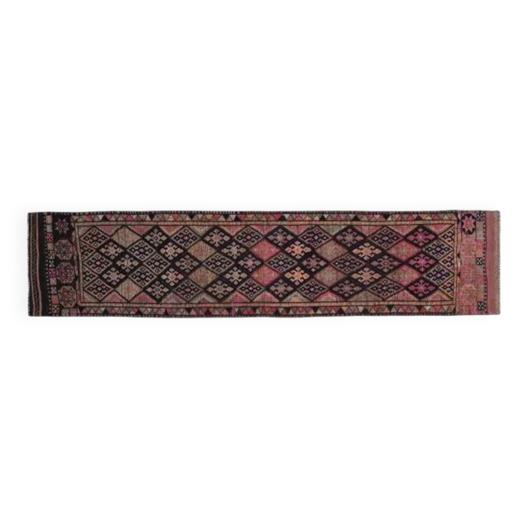 Tapis de couloir vintage turc Oushak fait main en laine et coton rose, années 1970