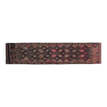 1970s Vintage Turkish Oushak Handmade Wool Cotton Pink Runner Rug 85x377