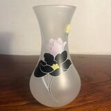 Duo vase en verre dépoli à fleurs noire et rose années 1980