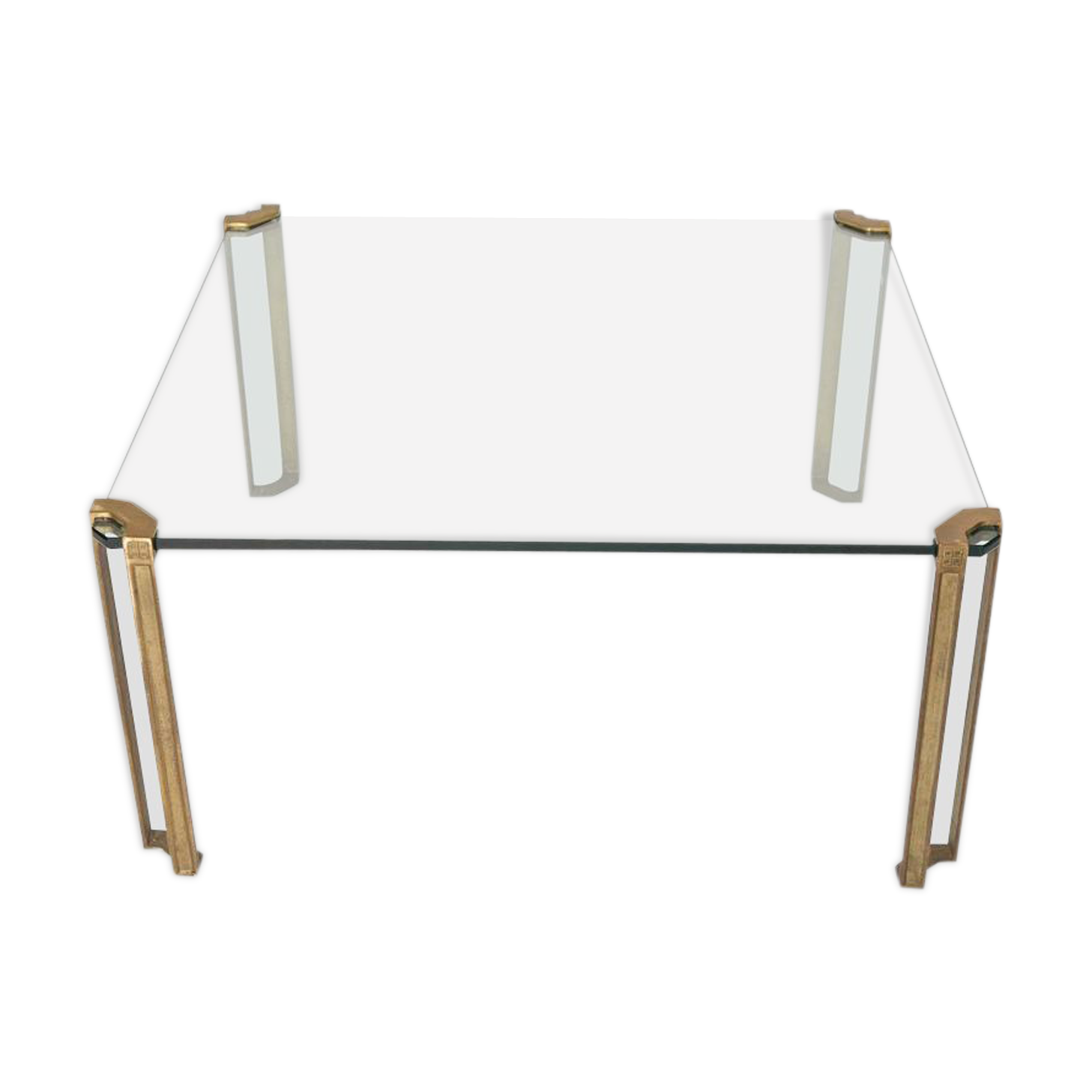 Vintage square coffee table in glass and brass by Peter Ghyzcy
