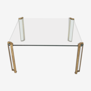 Vintage square coffee table in glass and brass by Peter Ghyzcy