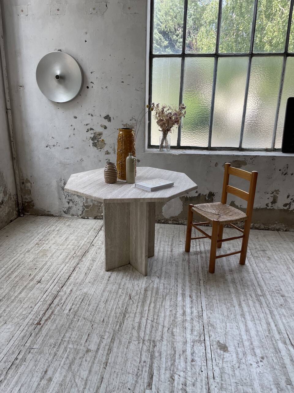 Octagonal travertine coffee table
