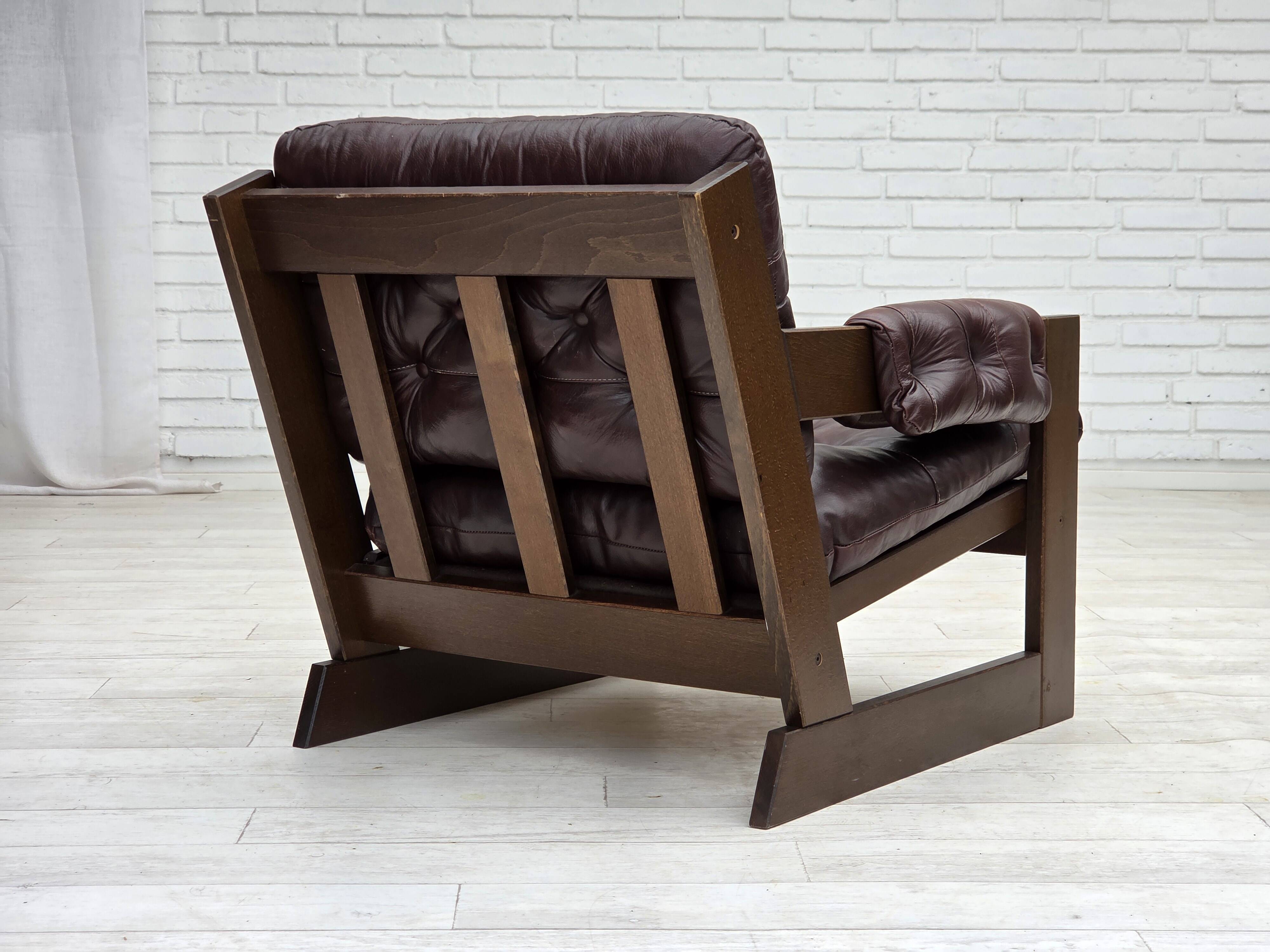 1970s, Scandinavian armchair, brown furniture leather, dark beech wood.