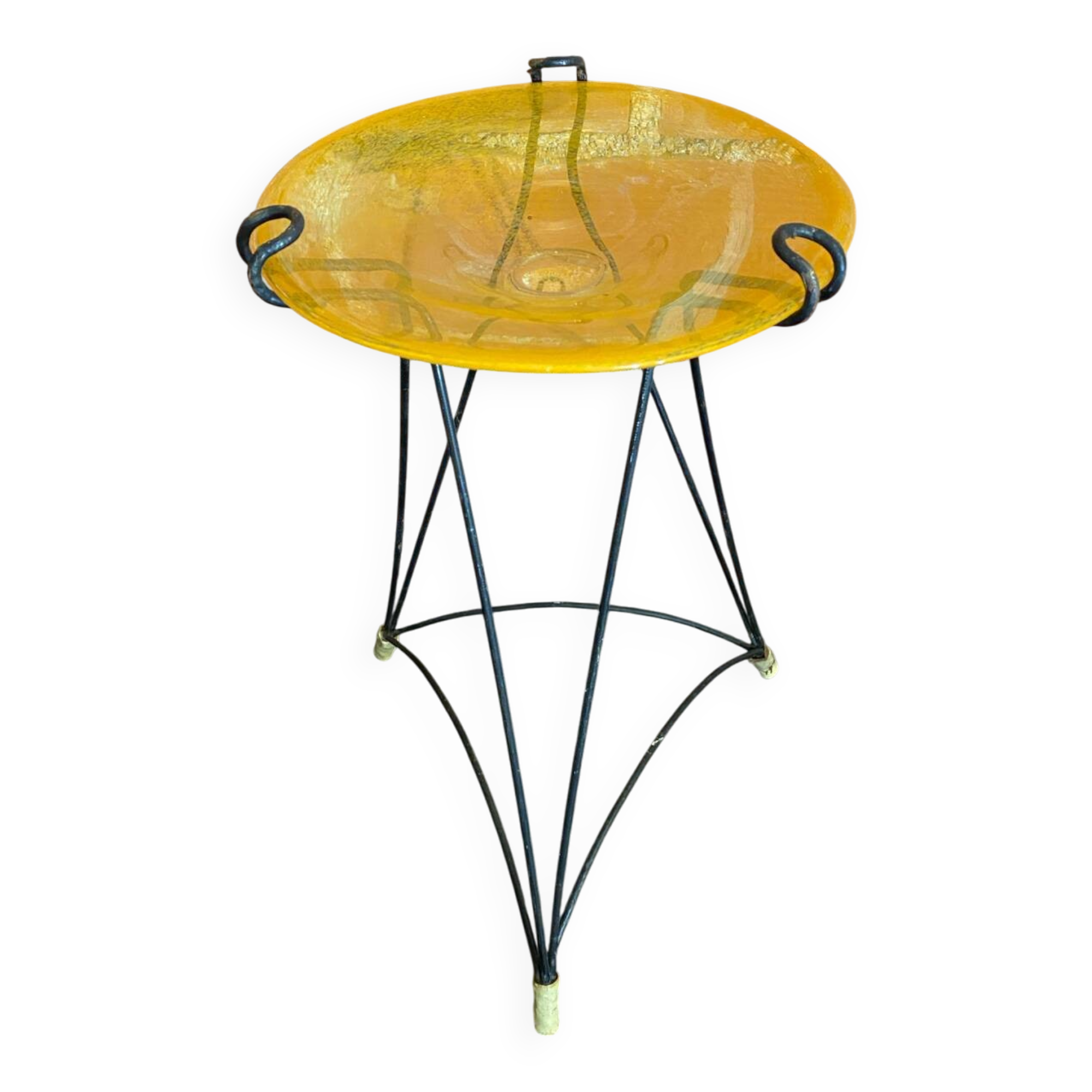 Antique Tripod Side Table Black Metal & Yellow Glass Bowl Years