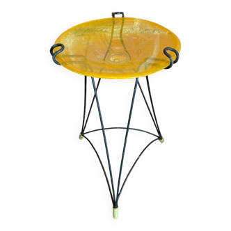 Antique Tripod Side Table Black Metal & Yellow Glass Bowl Years