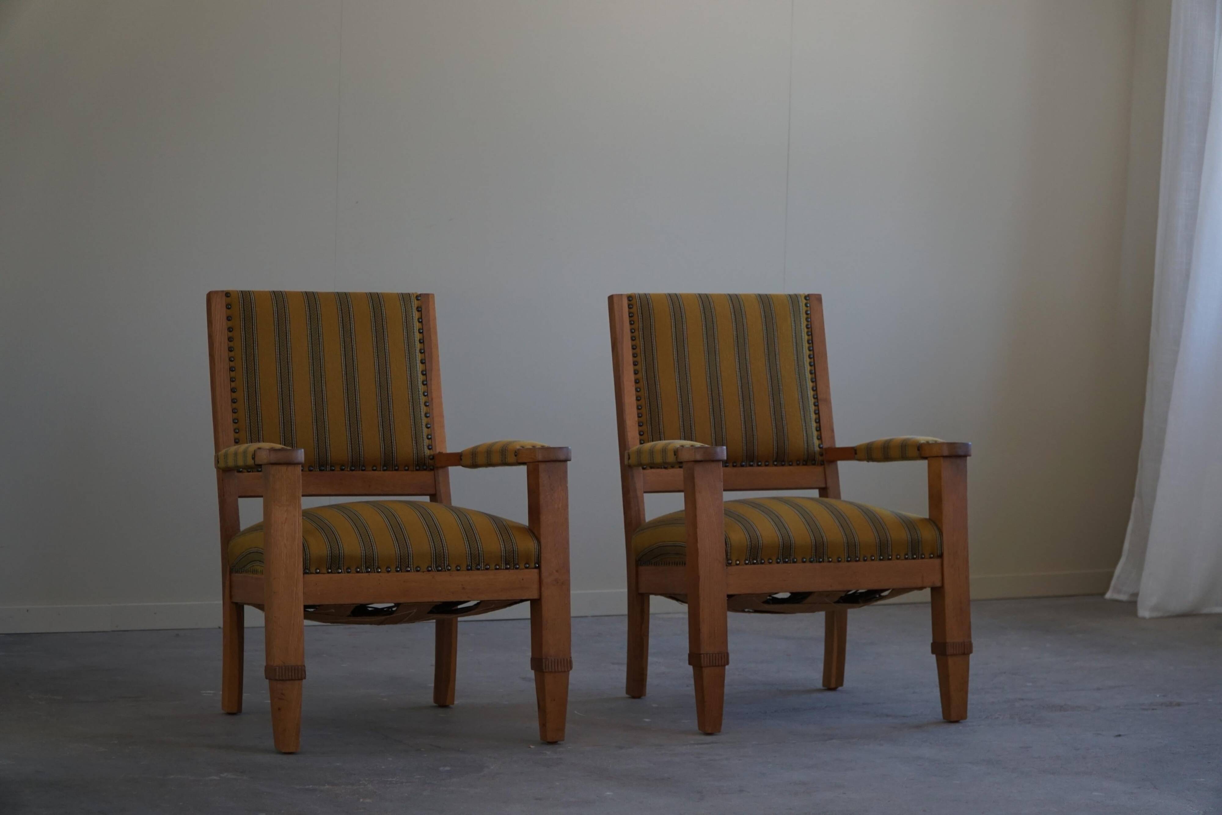 Pair of Art Deco armchairs in oak and fabric, Danish cabinetmaker, 1940s
