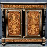 Two-door commode in Louis XVI style with marquetry and marble top.