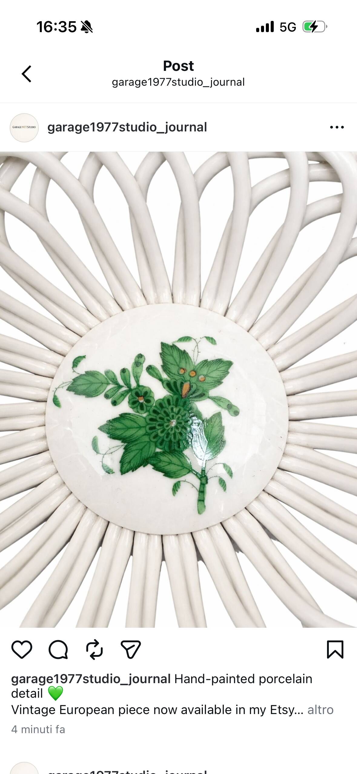 Mini Openwork Basket in Herend Porcelain "Apponyi Green" — Hungary, 19