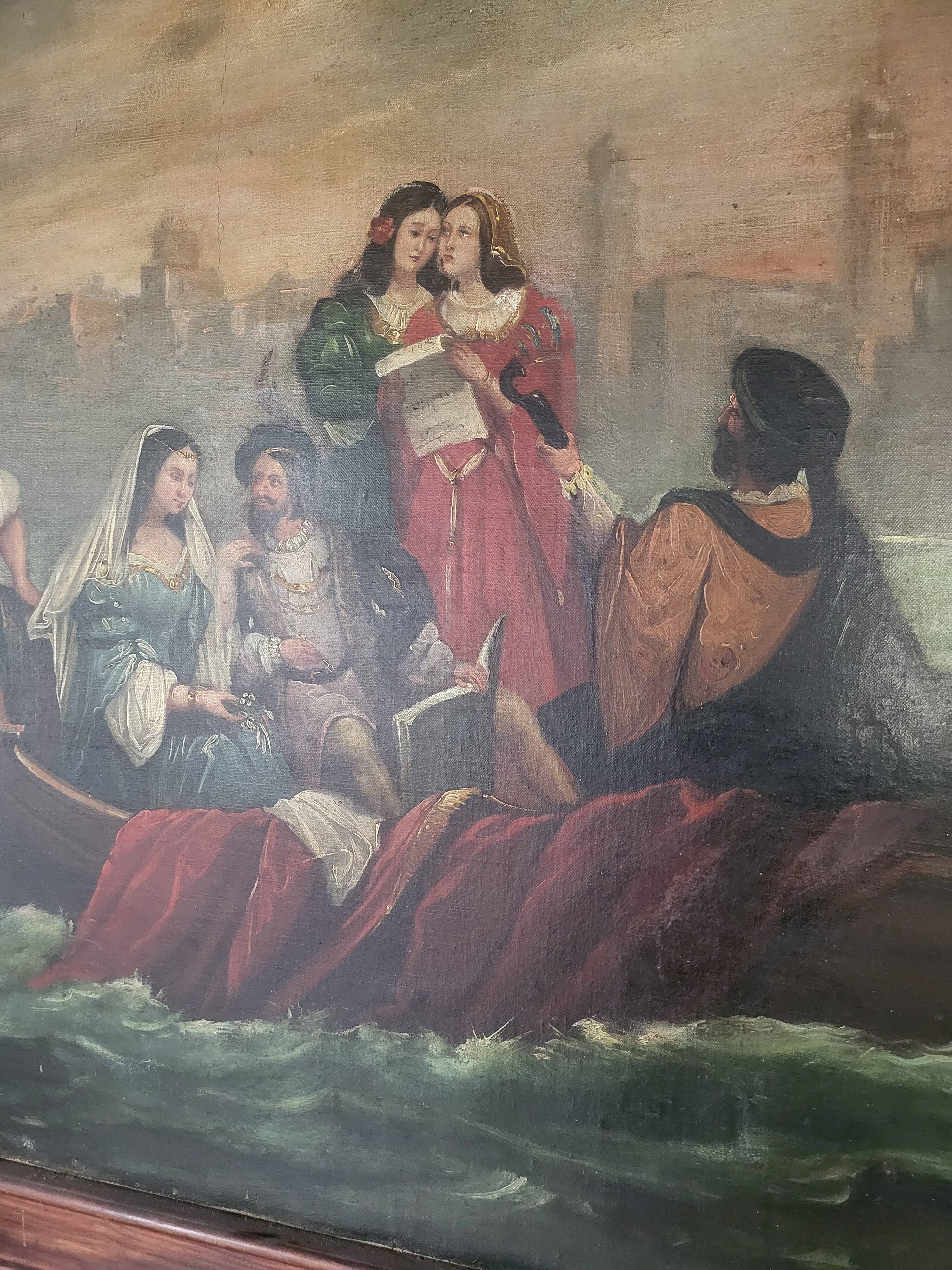 Large old romantic painting – Venetian scene in a gondola – Oil on canvas