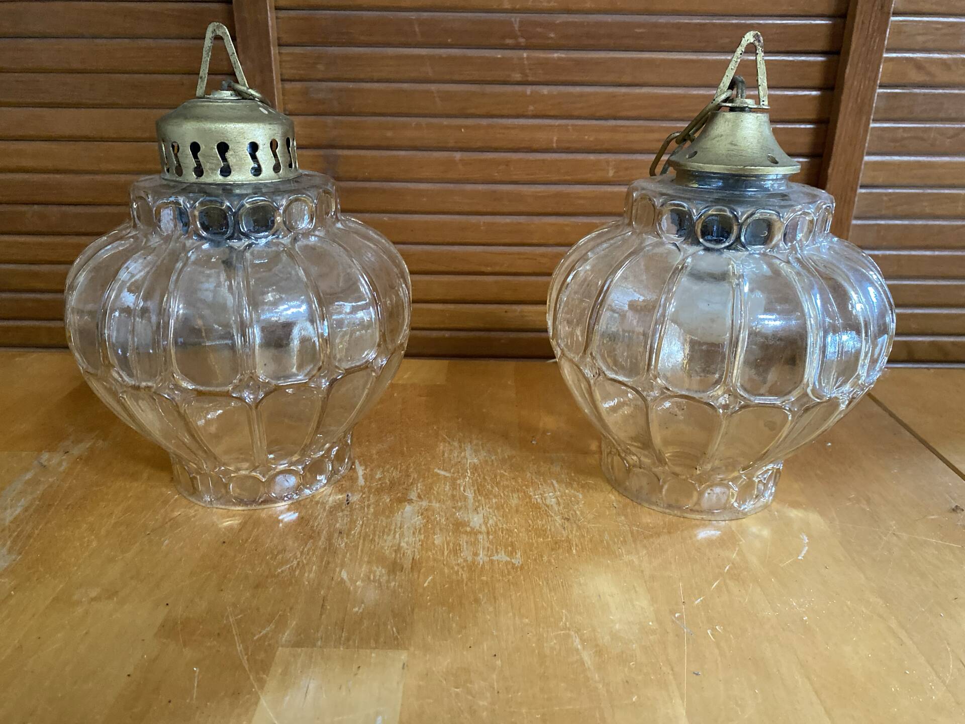 Pair of Vintage Suspension Lights with Iridescent Moulded Glass + Gold Metal