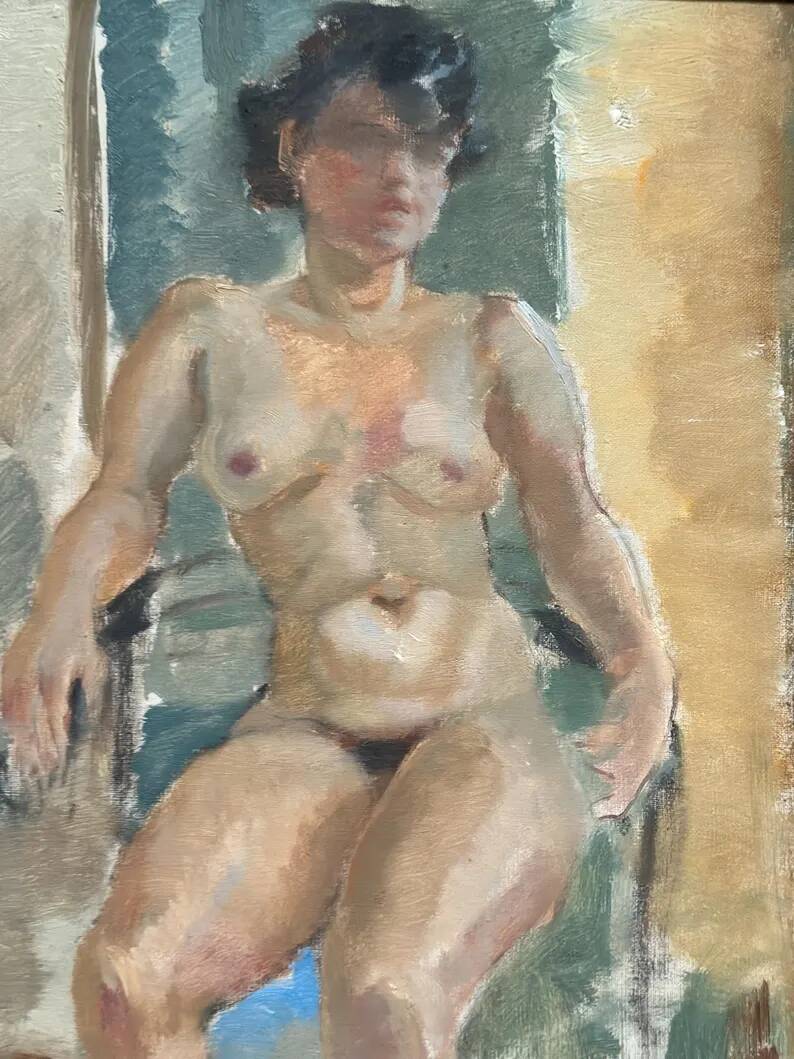 Huile sur toile originale – “Dame assise” par Sven Strömberg – Signée – Vintage et encadrée