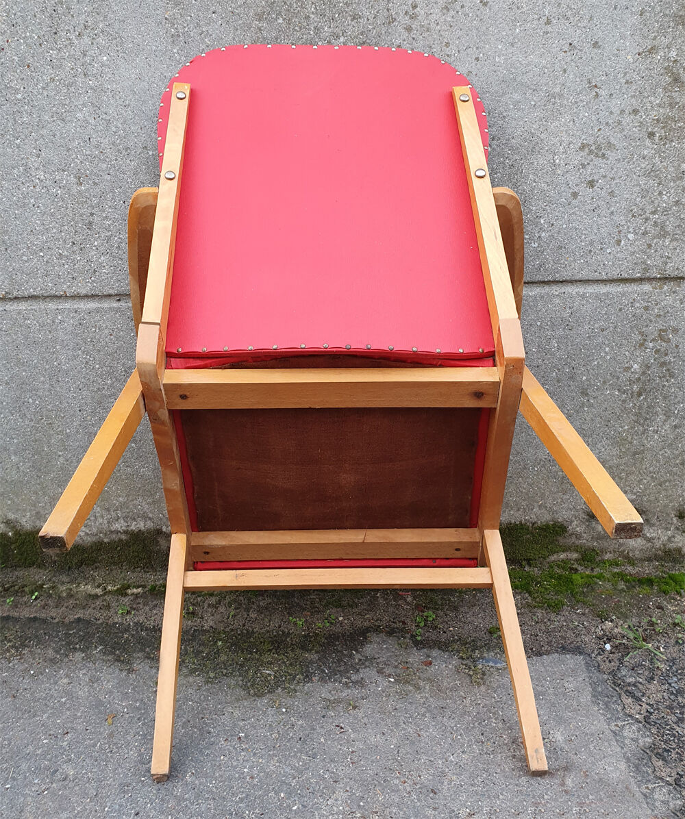 Red, vintage, Scandinavian, 50s wood and skai chair