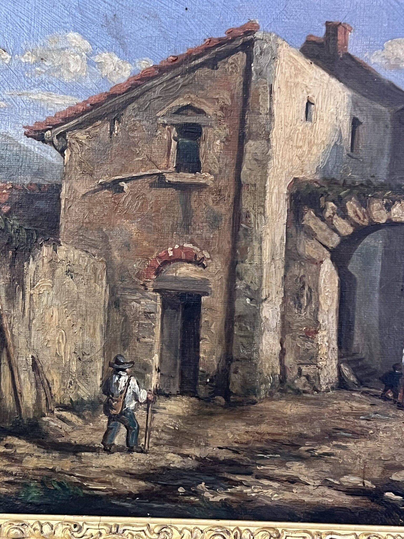 19th century painting, oil on canvas, interior decor of a lively village