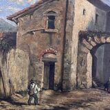 19th century painting, oil on canvas, interior decor of a lively village