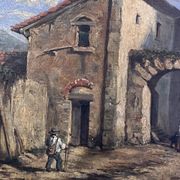 19th century painting, oil on canvas, interior decor of a lively village