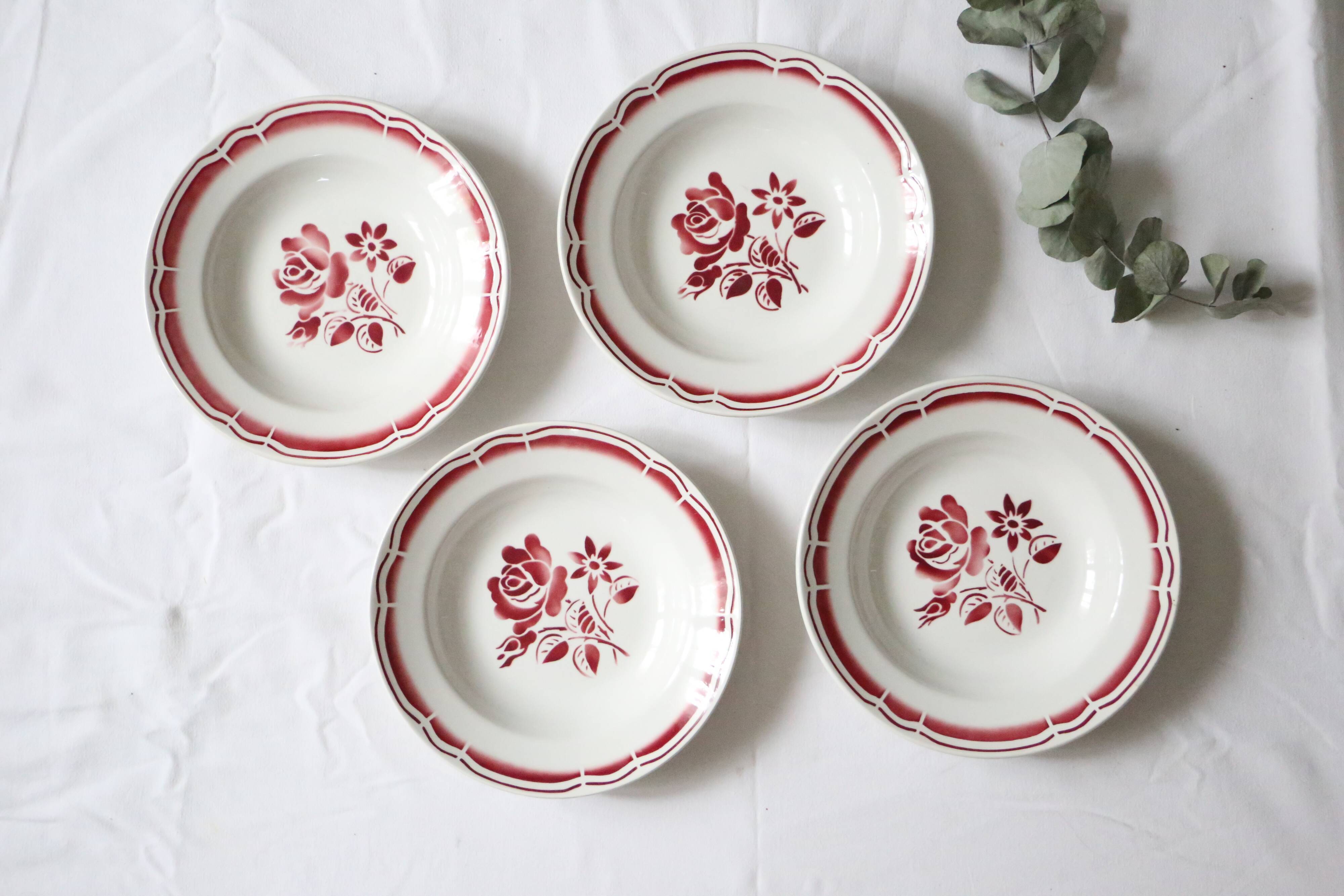 Set of 4 hollow plates Badonviller, red, vintage French, authentic, rare, countryside