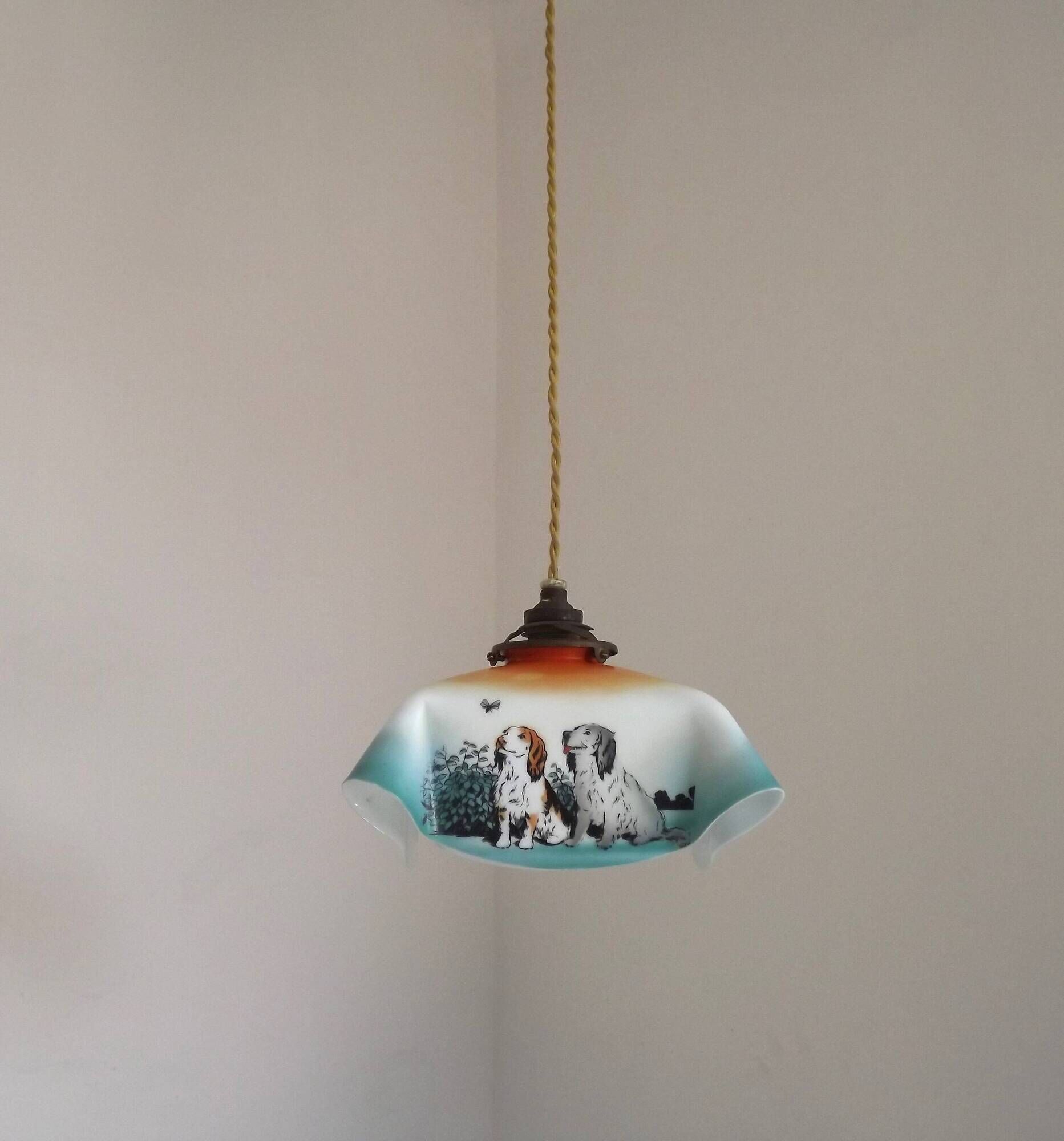 Rare French Art Deco Pendant Light | Illustrated Dog Countryside Shade
