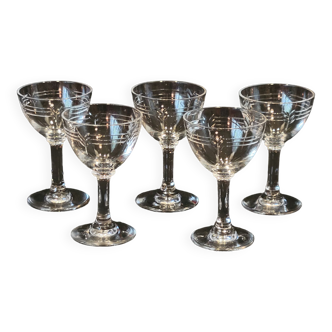 5 Old Small Liqueur Glasses In Engraved Baccarat Crystal
