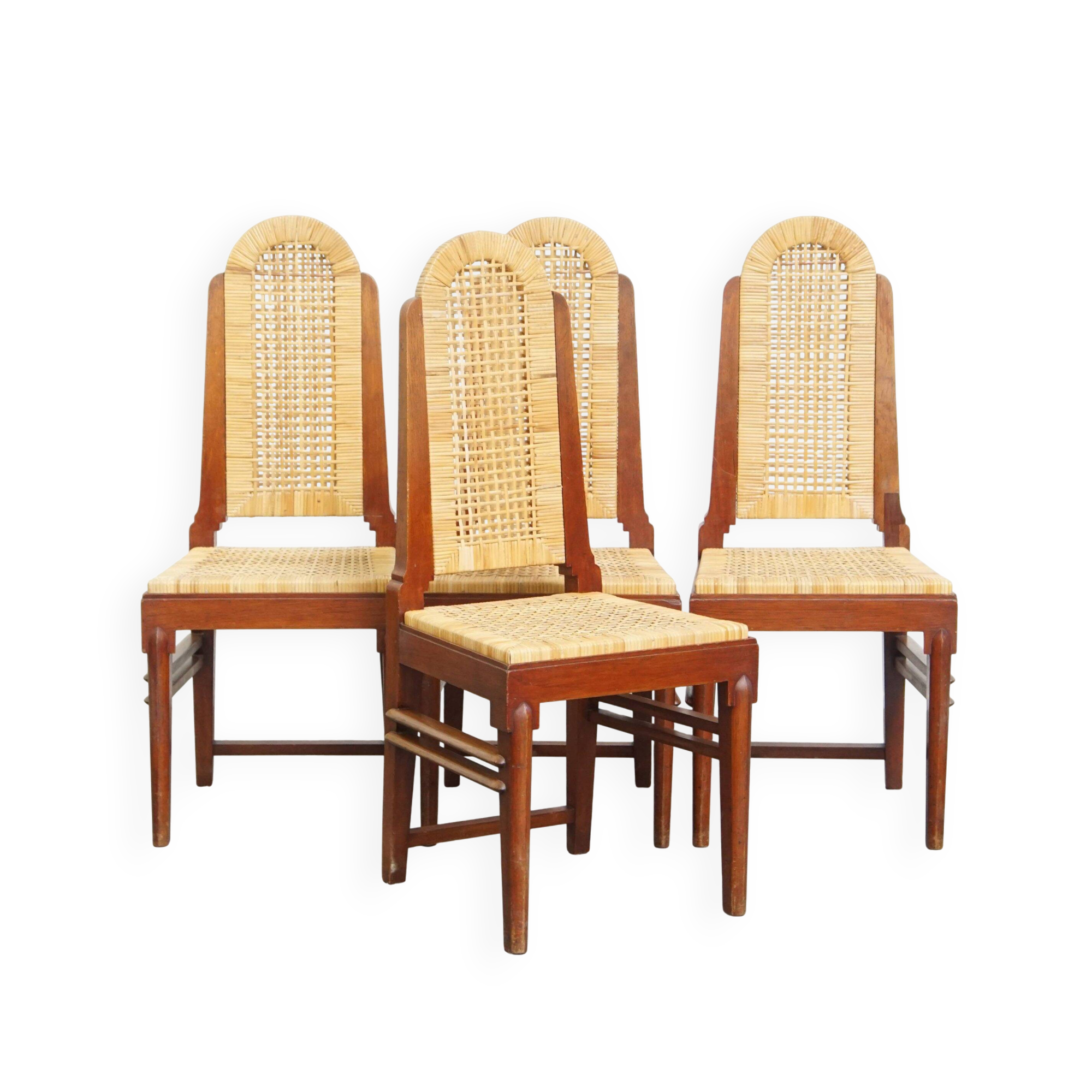 4 wooden Art Deco design dining chairs with a wicker seat and backrest
