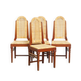 4 wooden Art Deco design dining chairs with a wicker seat and backrest