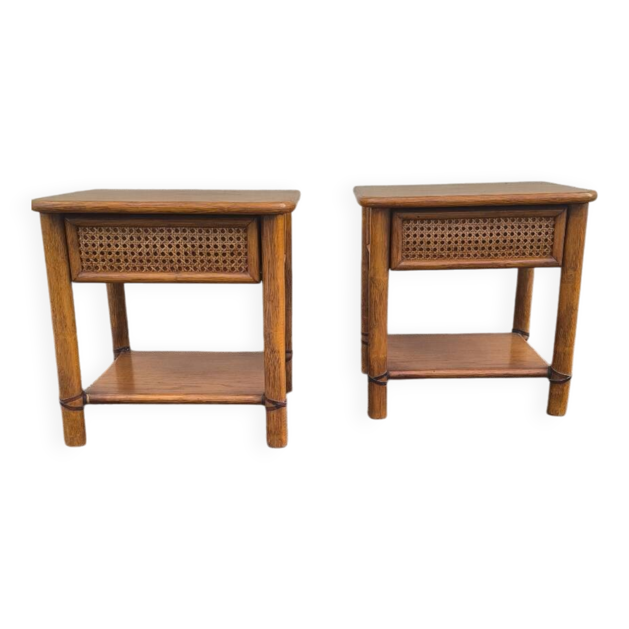 Pair of rattan and wood bedside tables from the 80s