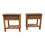 Pair of rattan and wood bedside tables from the 80s