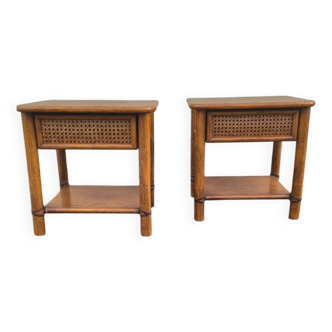 Pair of rattan and wood bedside tables from the 80s
