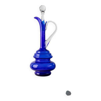 Murano cobalt blue glass carafe with clear handle and stopper - 1960s Italy, vintage mid-century design