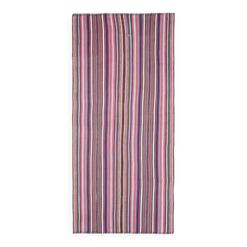 Tapis coureur vintage turc Oushak fait main en laine et coton rose des années 1970 131x280