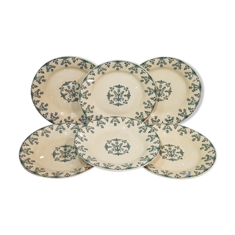 6 flat plates in opaque porcelain from Gien model Florence, iron earth - Antique French