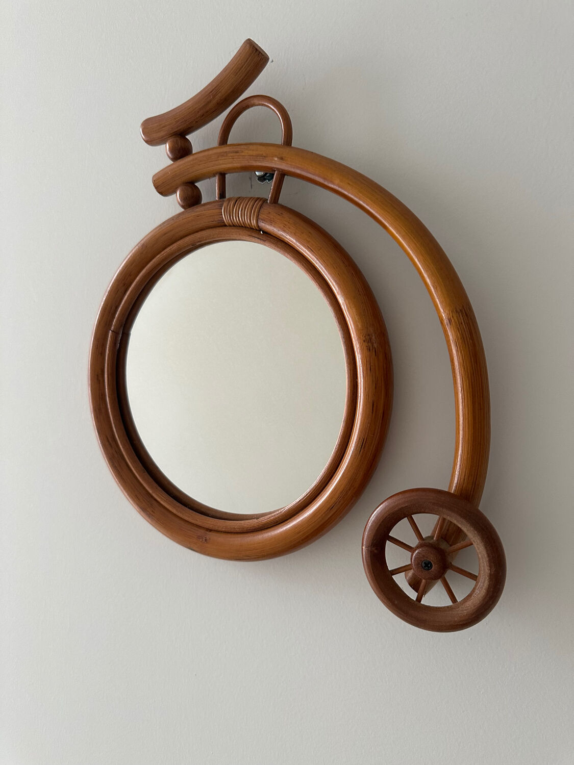 Rare wall mirror bicycle made of bamboo and rattan from the 1960s.