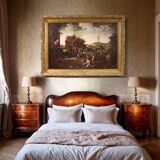 Grand tableau de paysage flamand du XVIIe siècle, fête de village