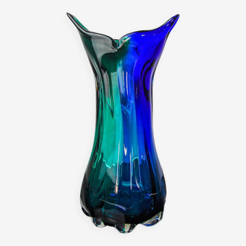 Vase sommerso vert et bleu par seguso, verre de murano, italie, 1970