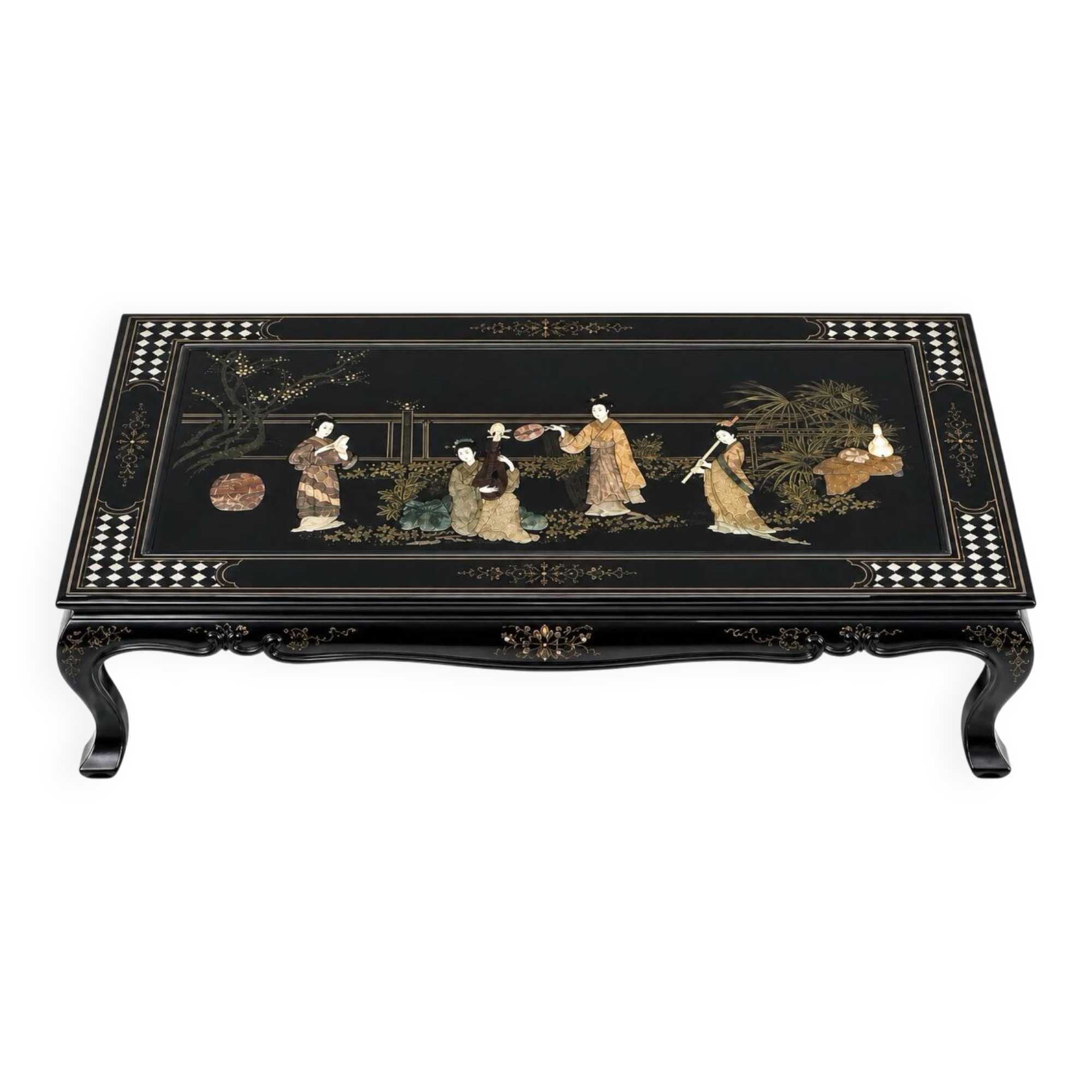 Table basse style chinois en bois noir et incrustrations de nacre