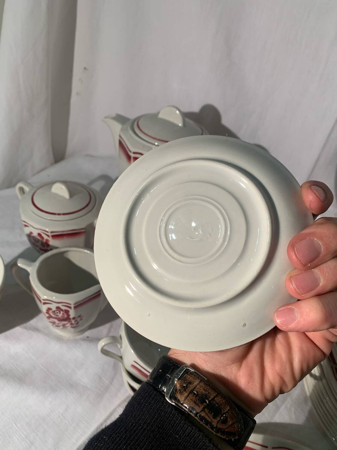 Art Deco pink earthenware service by Badonviller, porcelain, circa 1930