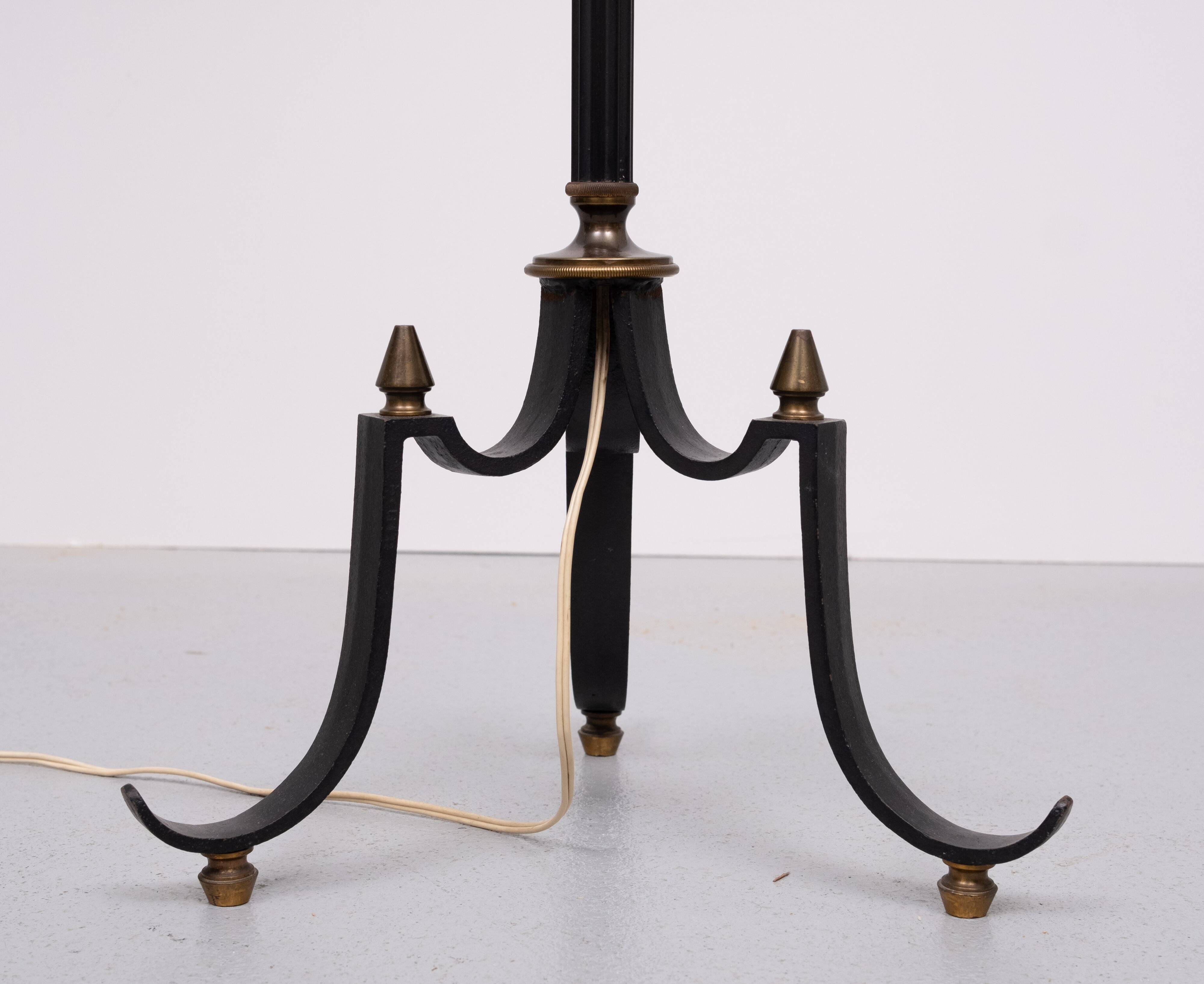 French tripod green and brass Floor lamp 1950s