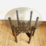 Moroccan hexagonal carved wood side table with glass top
