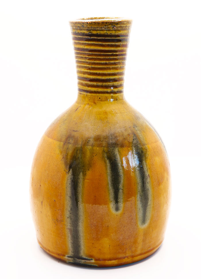 Saffron yellow enamelled earthenware vase with khaki green glazes from Meyssac, Corrèze