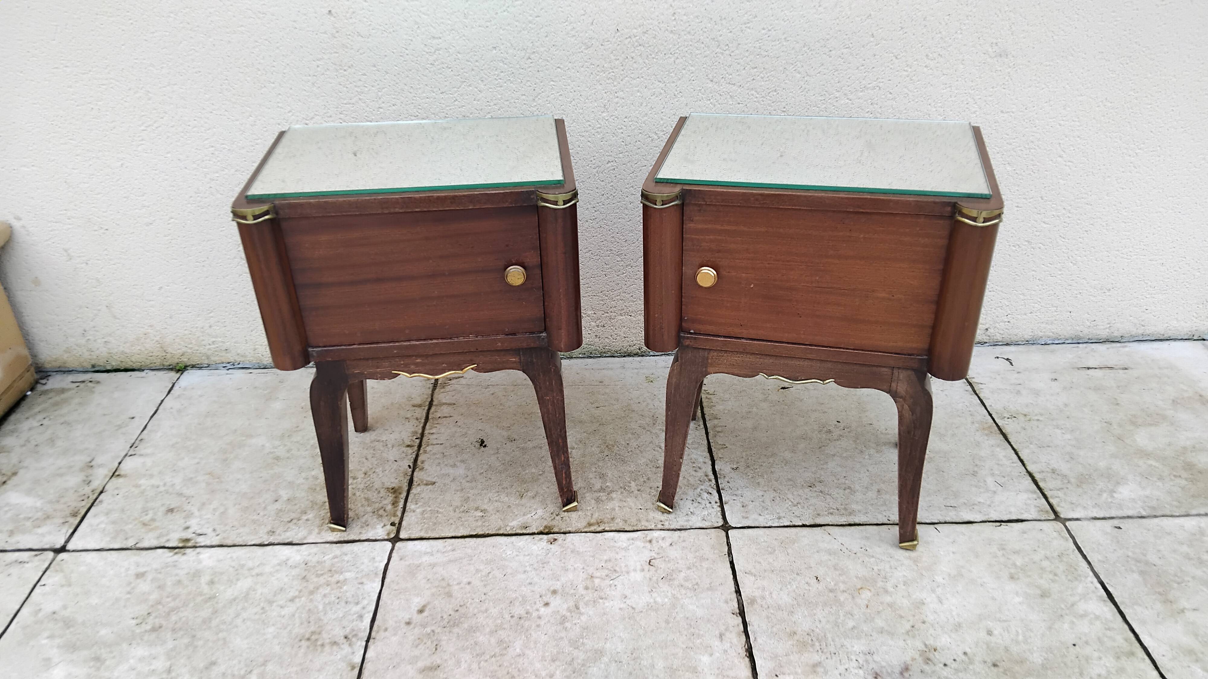 Vintage bedside table with a mirrored top, Art Deco style.