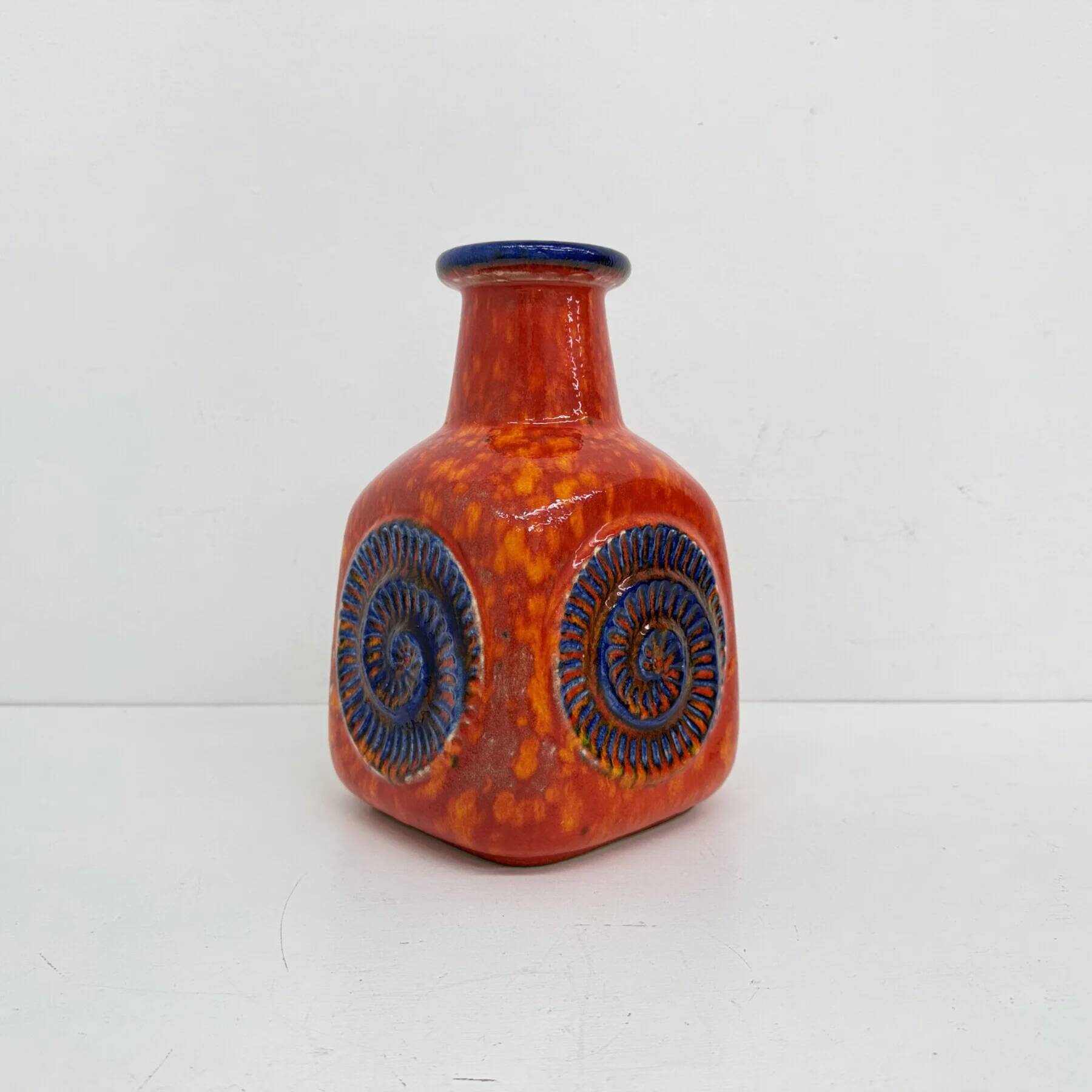 Scheurich West Germany Bay ceramic vase orange with blue fossils, 1970s