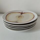 5 hand-painted dessert plates with stylised fruit designs.