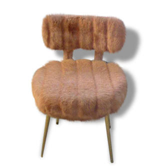 Chaise pelfran en fourrure synthetique beige, pieds compas doré vintage 1960