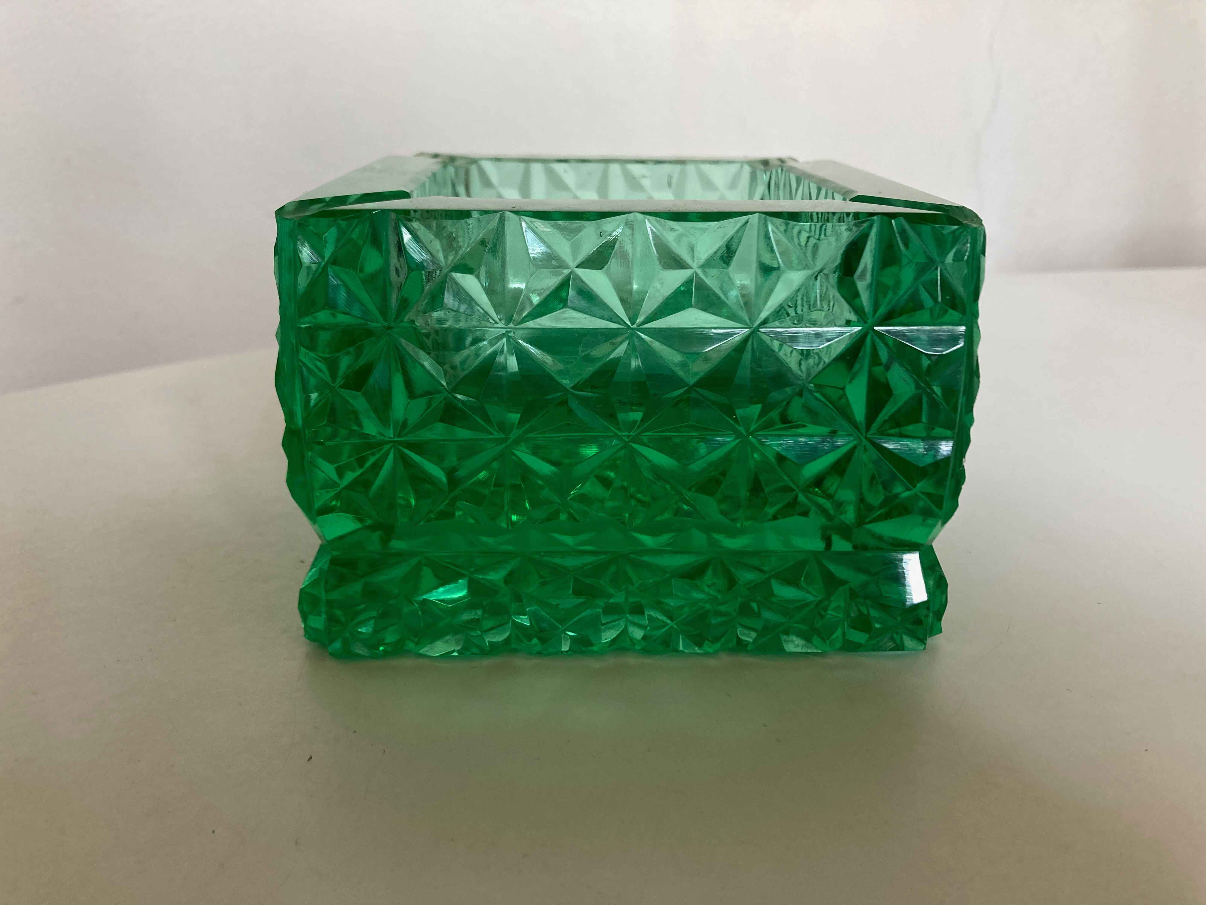 Green diamond cut glass ashtray 1980