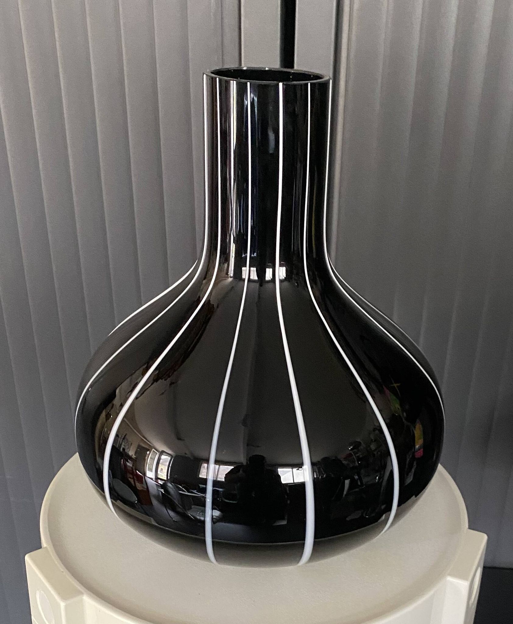 Black glass vase with white stripes, vintage 1950.