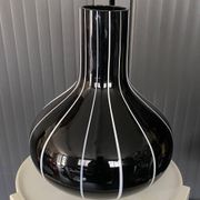 Black glass vase with white stripes, vintage 1950.