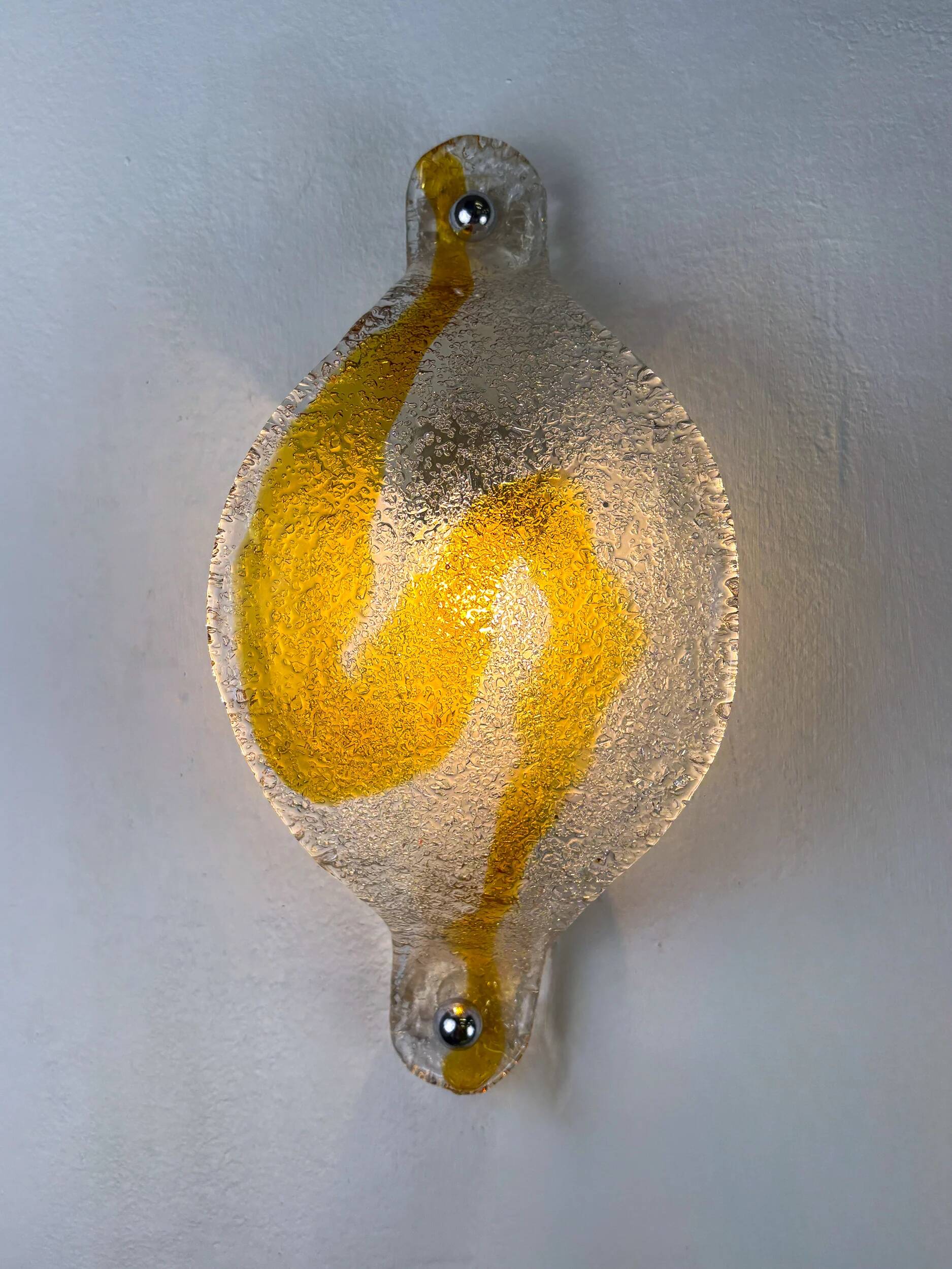 Pair of Mazzega Murano wall lights, orange frosted curved glass, Italy, 1970s